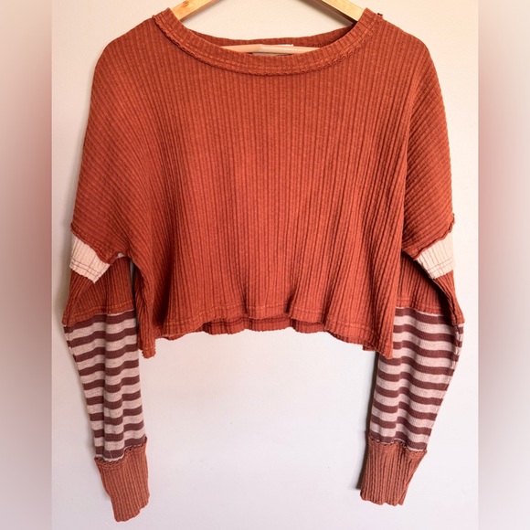 Gilded Intent Tops - Gilded Intent Cropped Thermal Top Mixed Sleeve Striped Boho Rust Medium